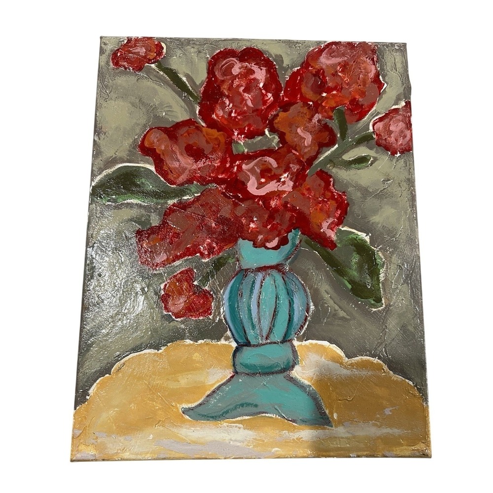 Original Oil Acrylic Like Abstract Pop Art Still Life Floral And Vase